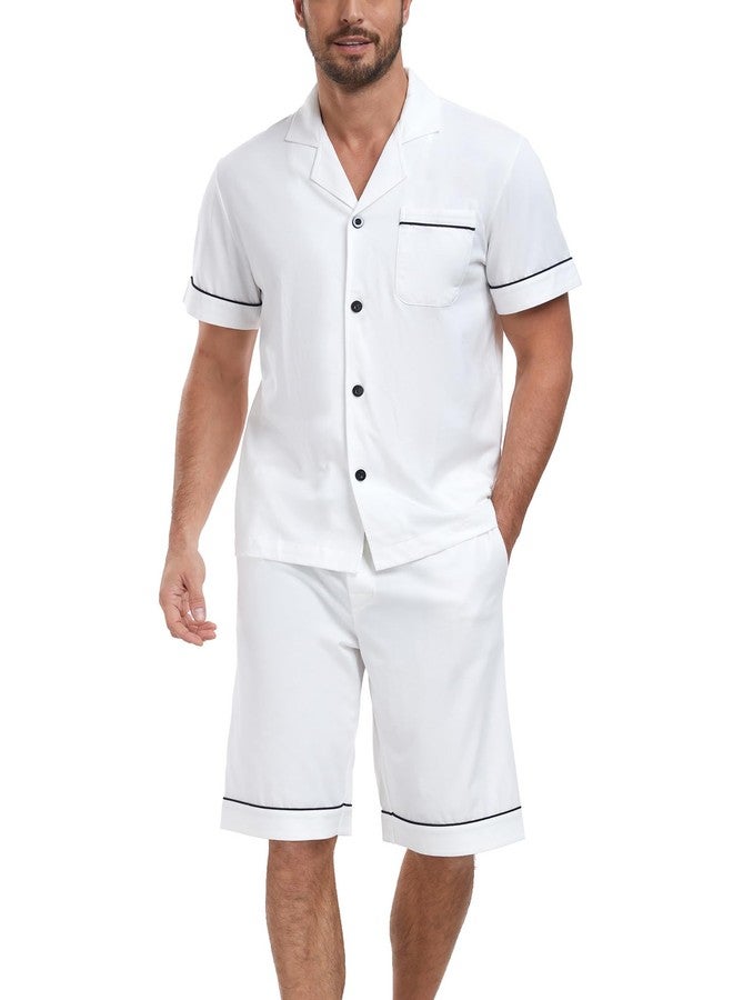 COLORFULLEAF 100% Cotton Mens Pajamas Set Shorts Button Down Sleepwear Short Sleeve Nightwear Summer Pjs with Pockets (White,M) - Image 3